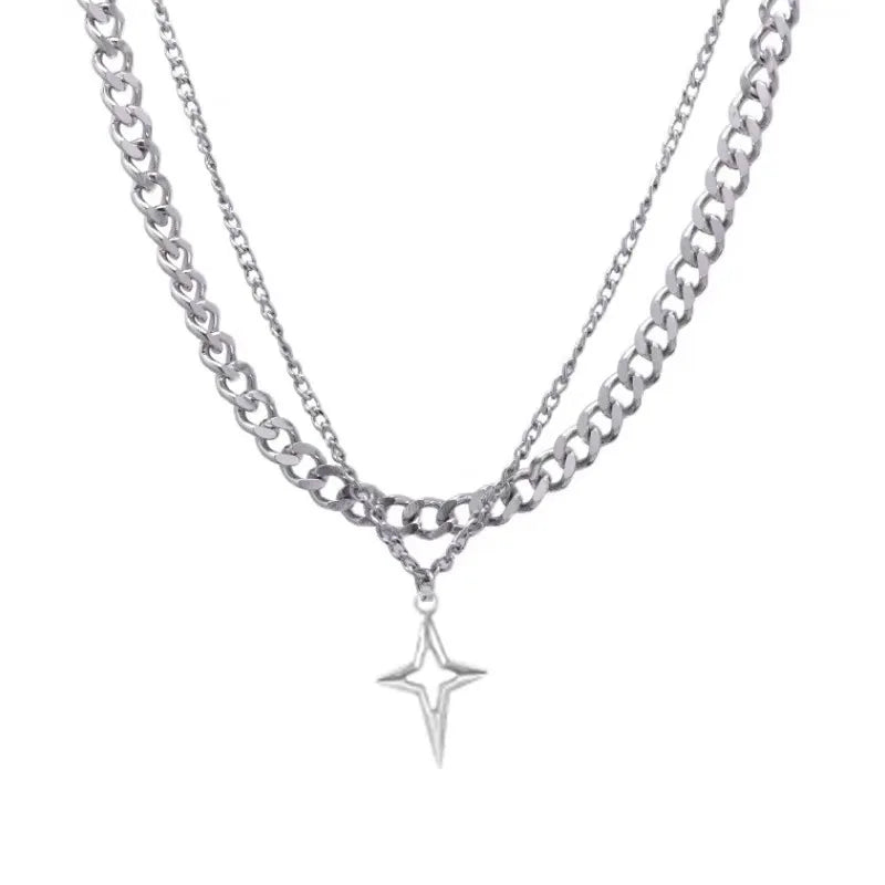 Double Layered Cuban Star Pendant Necklace for Man Titanium Steel Hip-Hop Design Collarbone Chain Unisex Jewelry Wholesale