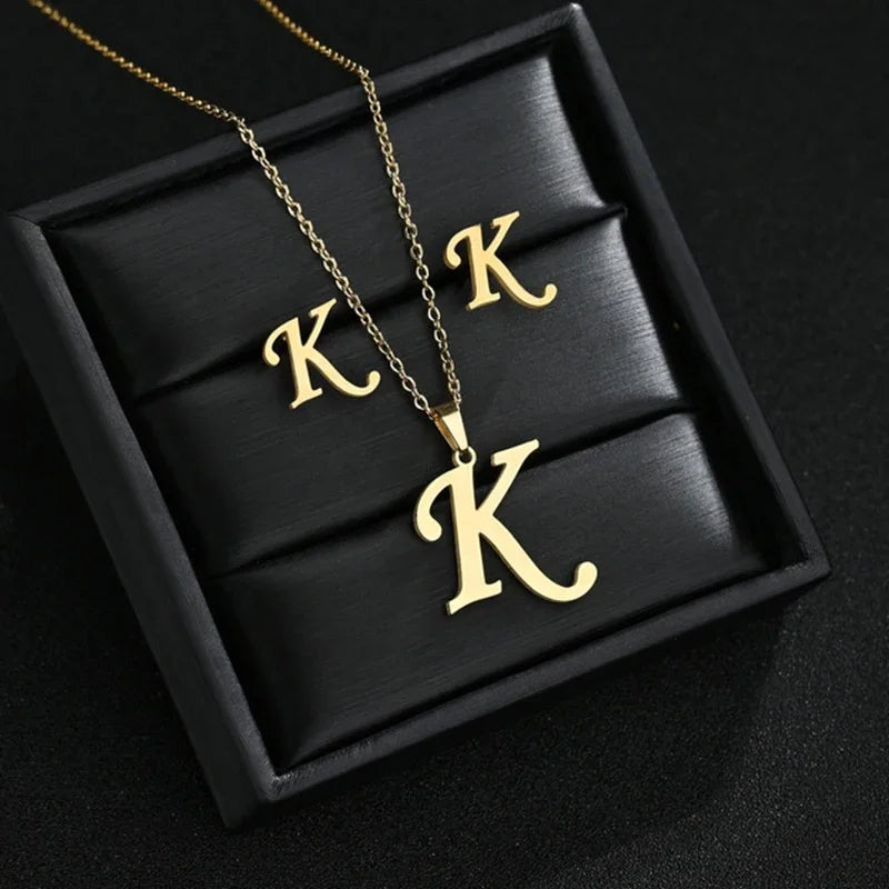 Fashion Stainless Steel A-Z Alphabet Initial Necklace 26 English Letter Earrings Necklace for Women Set Personalize Jewelry Gift
