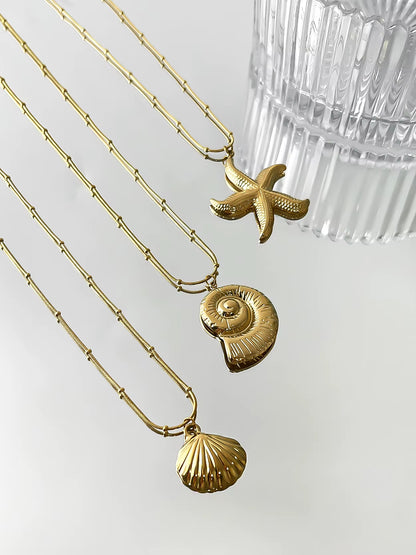 Minimalist Starfish Stripe Conch Scallop Shaped Pendant Necklace for Women Waterproof Trend Jewelry Summer Beach Party