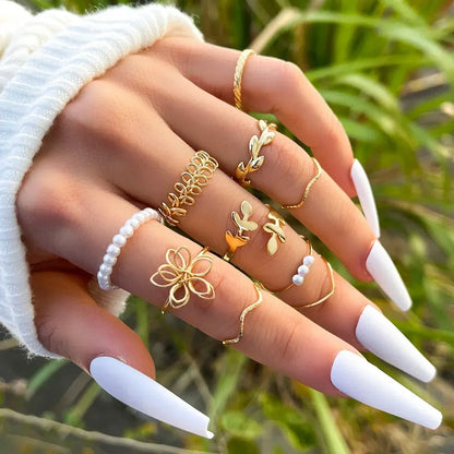 2024 New Tide Individuality Retro Geometric Hollowing Inlay Gem Rings Setliquid State Metal Four-Piece Rings Set Paty Jewelry