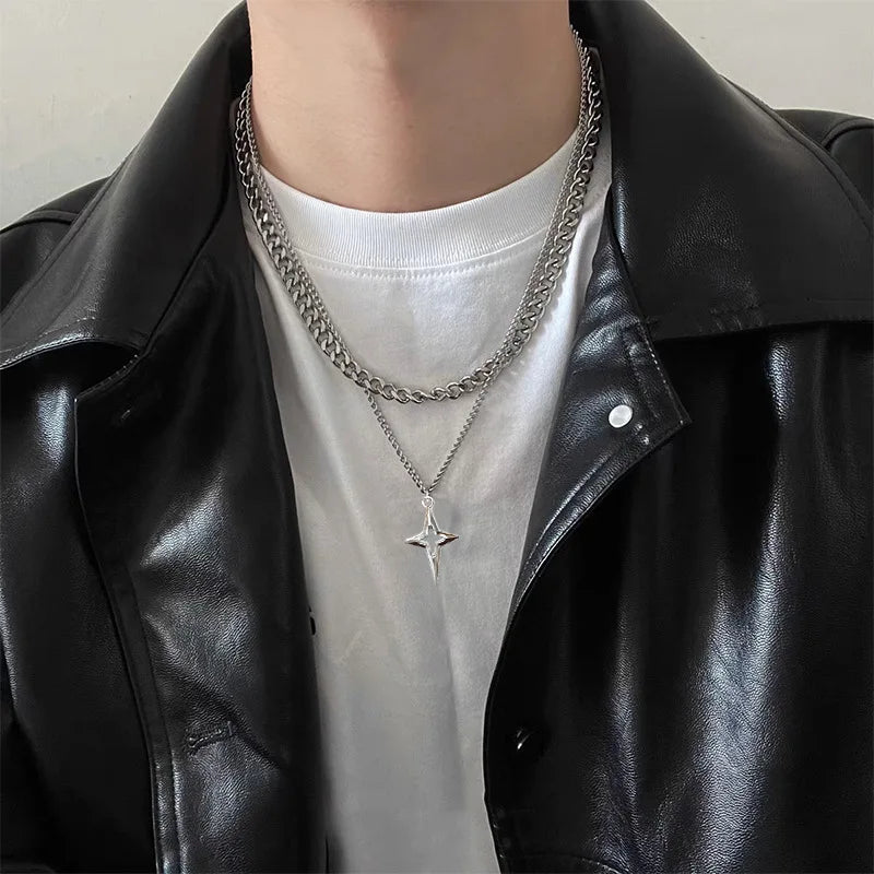 Double Layered Cuban Star Pendant Necklace for Man Titanium Steel Hip-Hop Design Collarbone Chain Unisex Jewelry Wholesale