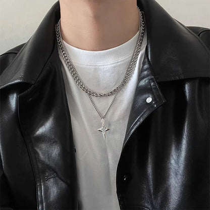 Double Layered Cuban Star Pendant Necklace for Man Titanium Steel Hip-Hop Design Collarbone Chain Unisex Jewelry Wholesale