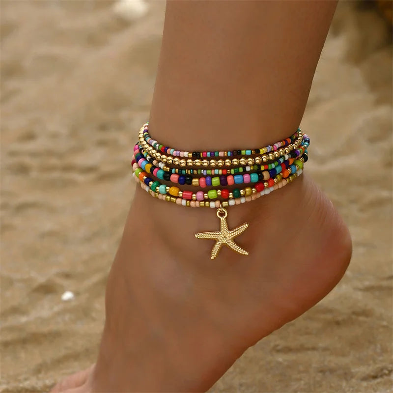 Bohemia Multilayer Rice Bead Anklet Set for Women Fashion Starfish Pendant Anklets Summer Sandy Beach Ankle Chain on Leg Jewelry