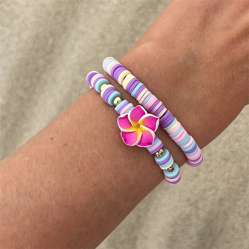 2 Pcs/Set Multicolor Polymer Clay Beads Bracelets for Women Bohemian Flower Charm Elastic Chain Set Summer Jewelry Vacation Gift
