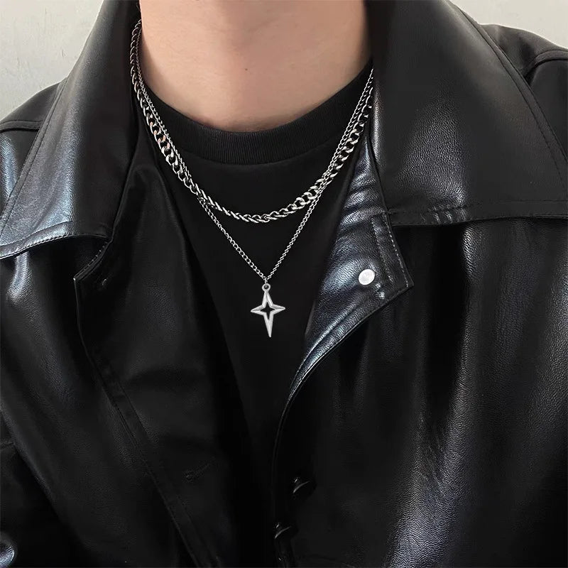 Double Layered Cuban Star Pendant Necklace for Man Titanium Steel Hip-Hop Design Collarbone Chain Unisex Jewelry Wholesale