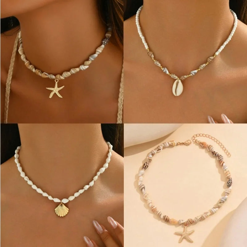 Bohemia Multicolour Bead Shell Pendant Necklace for Women Fashion Summer Adjustable Geometric Jewelry Holiday Beach Gift