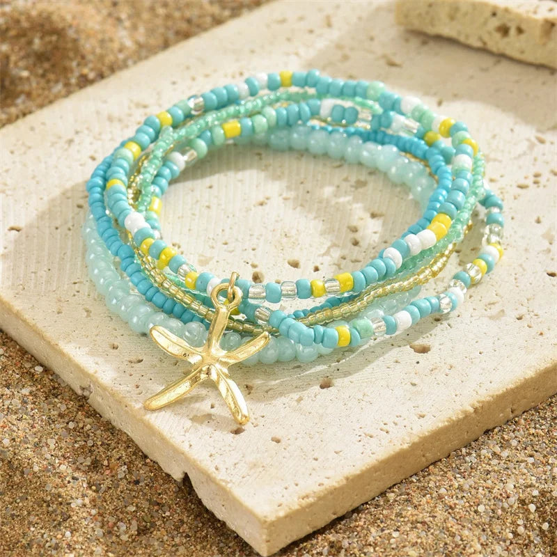 Bohemia Multilayer Rice Bead Anklet Set for Women Fashion Starfish Pendant Anklets Summer Sandy Beach Ankle Chain on Leg Jewelry