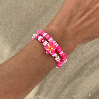 2 Pcs/Set Multicolor Polymer Clay Beads Bracelets for Women Bohemian Flower Charm Elastic Chain Set Summer Jewelry Vacation Gift