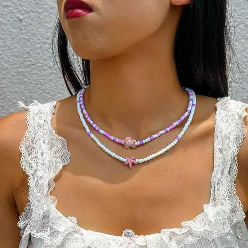 Bohemia Multicolour Bead Shell Pendant Necklace for Women Fashion Summer Adjustable Geometric Jewelry Holiday Beach Gift