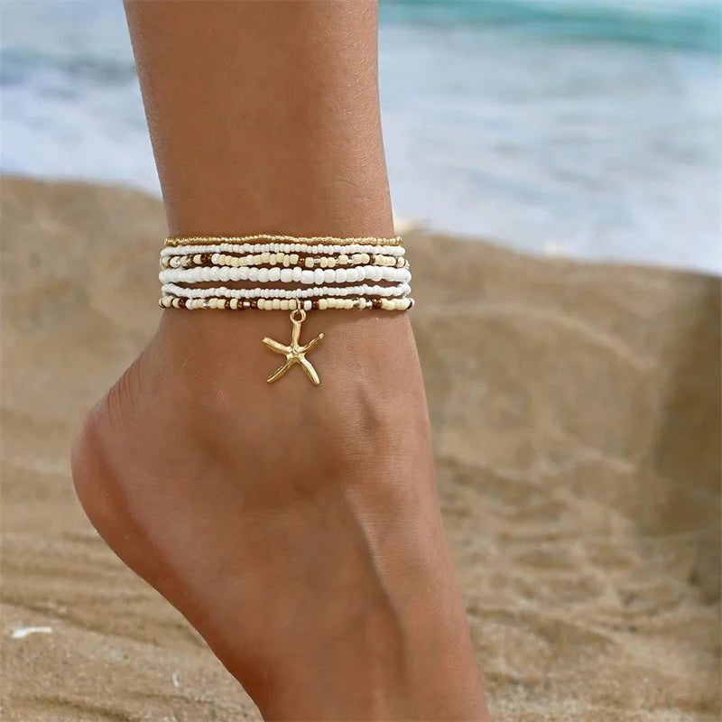 Bohemia Multilayer Rice Bead Anklet Set for Women Fashion Starfish Pendant Anklets Summer Sandy Beach Ankle Chain on Leg Jewelry