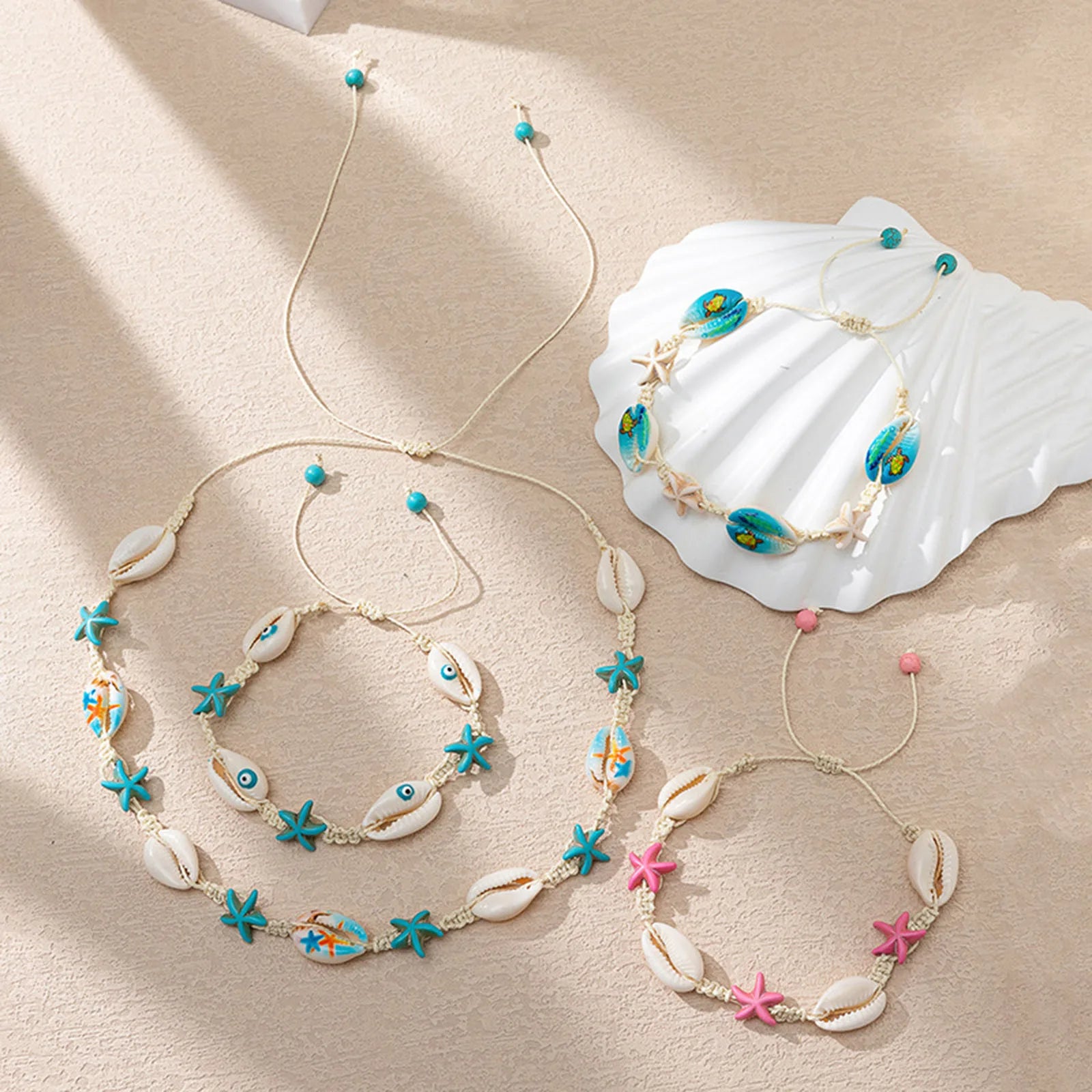 1PC Shell Ocean Jewelry Braided Bracelets White & Blue Star Fish Cross Bracelet Summer Fashion Jewelry for Women Gifts 6Cm Dia.