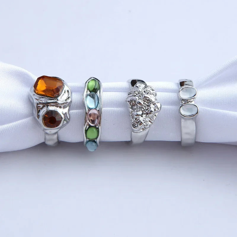 2024 New Tide Individuality Retro Geometric Hollowing Inlay Gem Rings Setliquid State Metal Four-Piece Rings Set Paty Jewelry