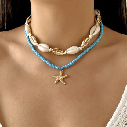 Bohemian Rice Beads Starfish Pendant Necklace for Women Handmade Imitation Pearl Colorful Beaded Choker Summer Beach Jewelry