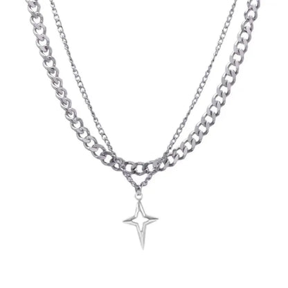 Double Layered Cuban Star Pendant Necklace for Man Titanium Steel Hip-Hop Design Collarbone Chain Unisex Jewelry Wholesale