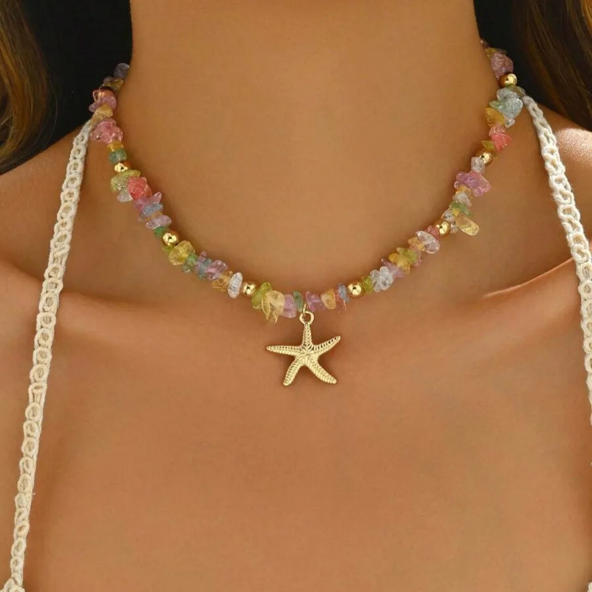 Bohemian Rice Beads Starfish Pendant Necklace for Women Handmade Imitation Pearl Colorful Beaded Choker Summer Beach Jewelry