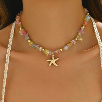 Bohemian Rice Beads Starfish Pendant Necklace for Women Handmade Imitation Pearl Colorful Beaded Choker Summer Beach Jewelry