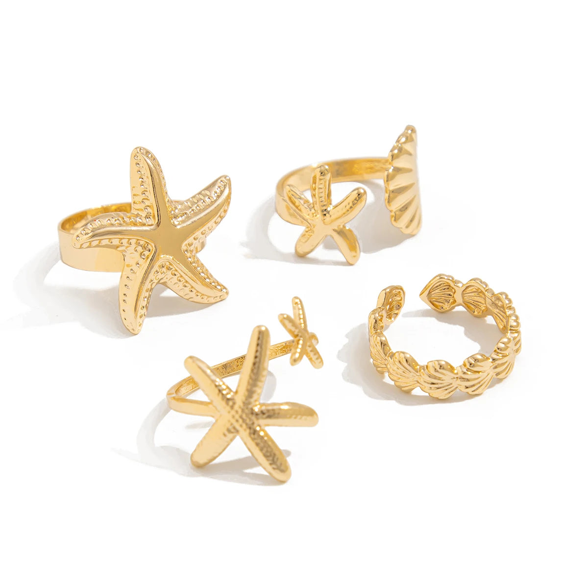 4Pcs/Set Starfish Scallop Adjustable Open Rings for Women Trendy Geometric Gold Color Ring Summer Beach Jewelry Accessory