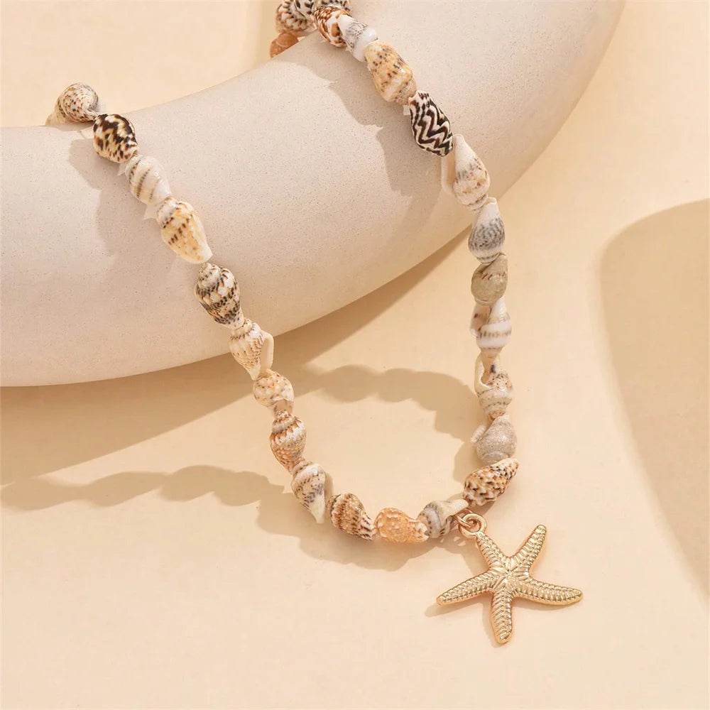 Beach Style Natural Seashell Beaded Necklace with Handmade Tropical Starfish Pendant Fashion Ocean Inspired Jewelry Choker Women