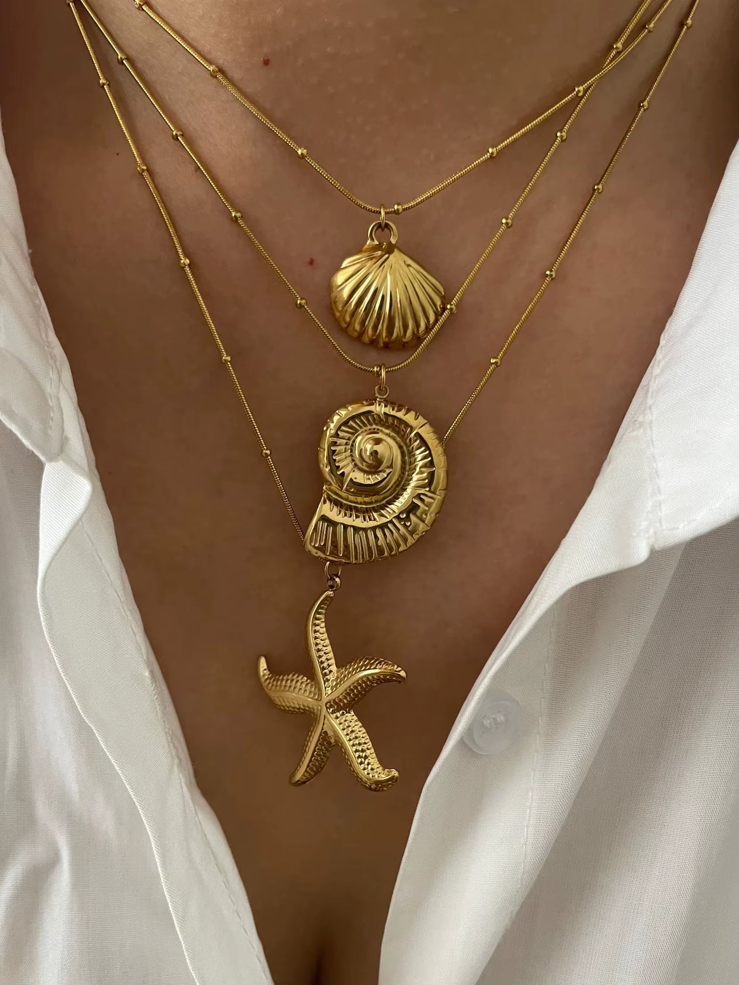 Minimalist Starfish Stripe Conch Scallop Shaped Pendant Necklace for Women Waterproof Trend Jewelry Summer Beach Party