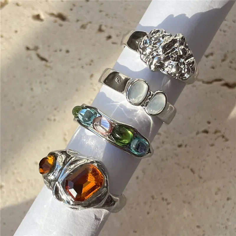 2024 New Tide Individuality Retro Geometric Hollowing Inlay Gem Rings Setliquid State Metal Four-Piece Rings Set Paty Jewelry