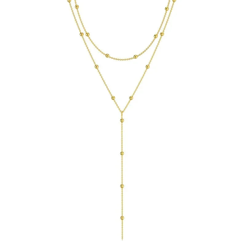 Gold Color Double Layered Long Tassel Chain Necklaces for Women Simple Metal Geometric Bead Choker Necklace Fashion Jewelry