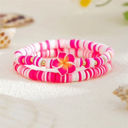2 Pcs/Set Multicolor Polymer Clay Beads Bracelets for Women Bohemian Flower Charm Elastic Chain Set Summer Jewelry Vacation Gift