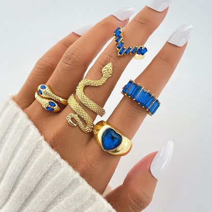 2024 New Tide Individuality Retro Geometric Hollowing Inlay Gem Rings Setliquid State Metal Four-Piece Rings Set Paty Jewelry