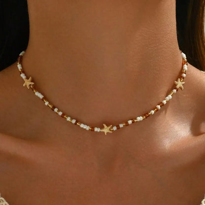 Bohemian Rice Beads Starfish Pendant Necklace for Women Handmade Imitation Pearl Colorful Beaded Choker Summer Beach Jewelry