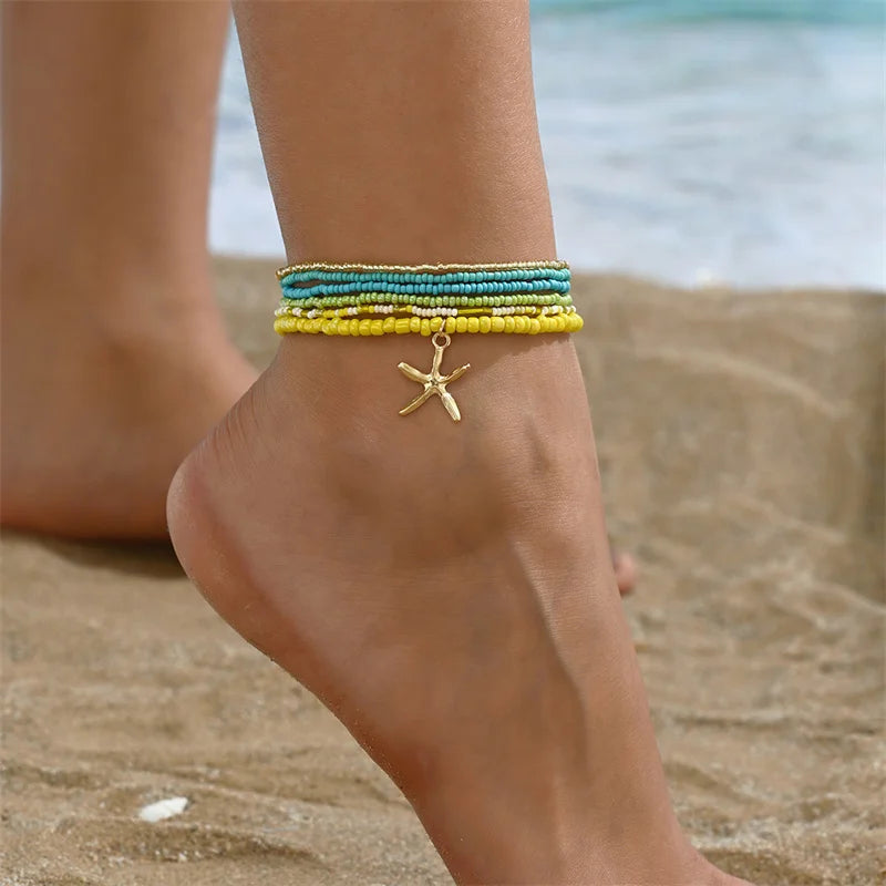 Bohemia Multilayer Rice Bead Anklet Set for Women Fashion Starfish Pendant Anklets Summer Sandy Beach Ankle Chain on Leg Jewelry