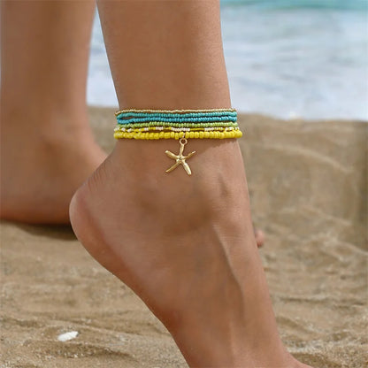 Bohemia Multilayer Rice Bead Anklet Set for Women Fashion Starfish Pendant Anklets Summer Sandy Beach Ankle Chain on Leg Jewelry