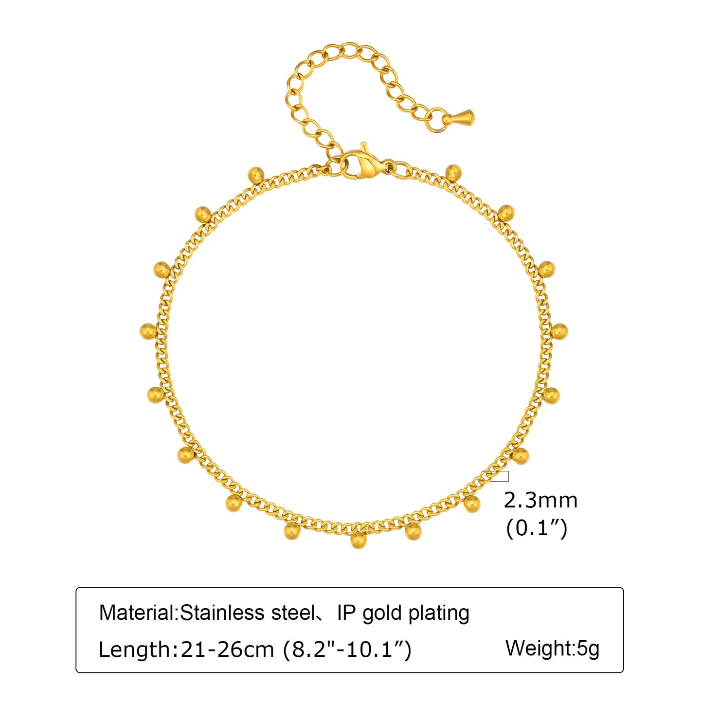 Anklet Bracelet on Legs Stainless Steel ,Waterproof Adjustable Beach Beaded Ball Cuban Link Summer Boho Foot Jewelry for Women