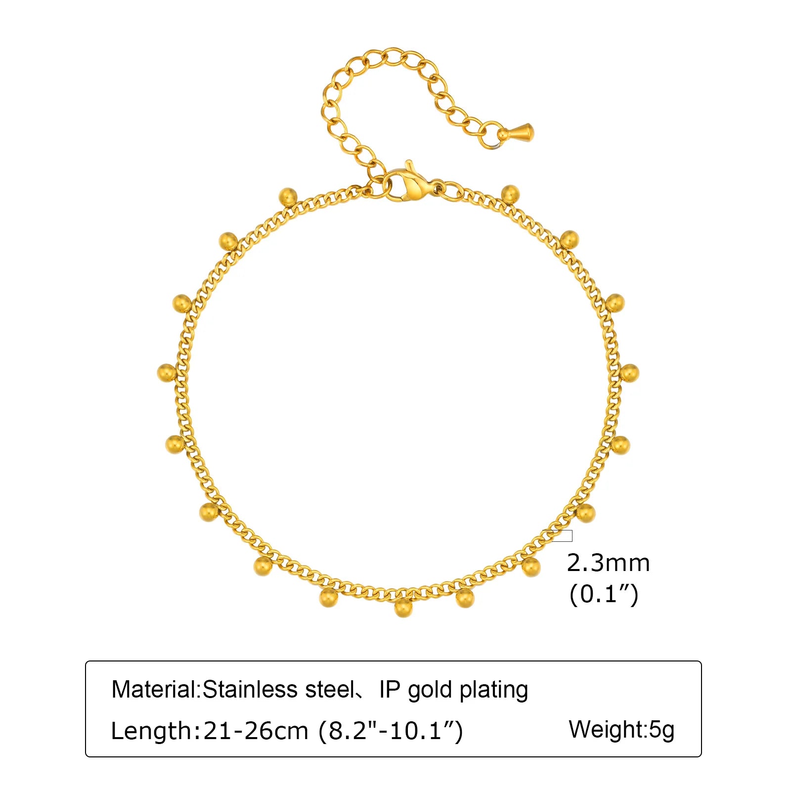 Anklet Bracelet on Legs Stainless Steel ,Waterproof Adjustable Beach Beaded Ball Cuban Link Summer Boho Foot Jewelry for Women