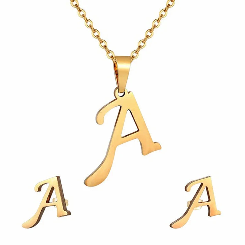 Fashion Stainless Steel A-Z Alphabet Initial Necklace 26 English Letter Earrings Necklace for Women Set Personalize Jewelry Gift