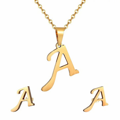 Fashion Stainless Steel A-Z Alphabet Initial Necklace 26 English Letter Earrings Necklace for Women Set Personalize Jewelry Gift