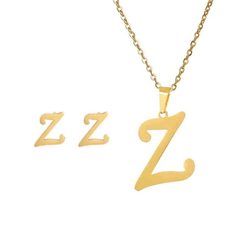 Fashion Stainless Steel A-Z Alphabet Initial Necklace 26 English Letter Earrings Necklace for Women Set Personalize Jewelry Gift
