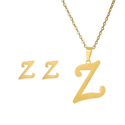 Fashion Stainless Steel A-Z Alphabet Initial Necklace 26 English Letter Earrings Necklace for Women Set Personalize Jewelry Gift