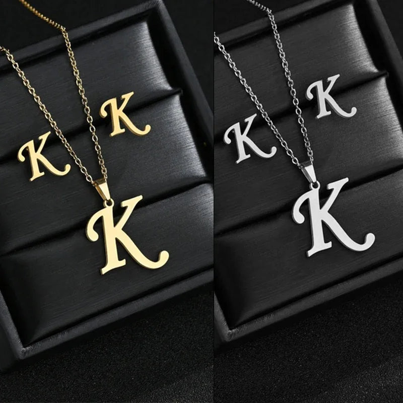 Fashion Stainless Steel A-Z Alphabet Initial Necklace 26 English Letter Earrings Necklace for Women Set Personalize Jewelry Gift