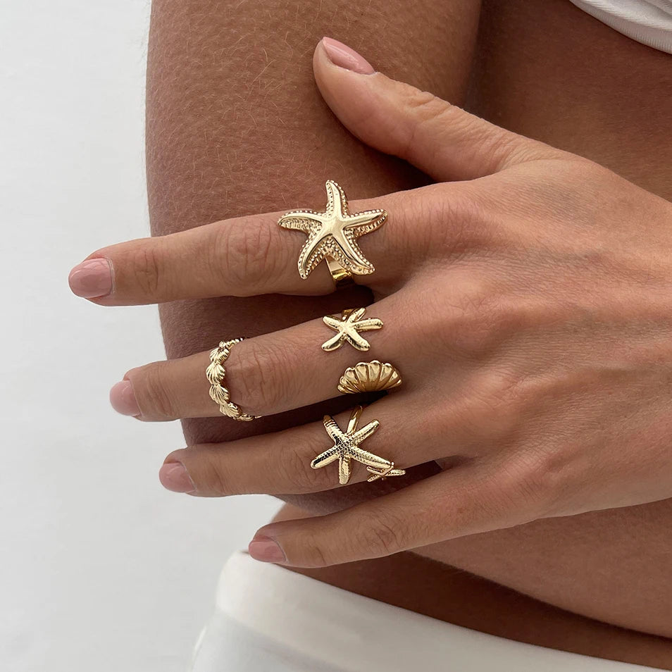 4Pcs/Set Starfish Scallop Adjustable Open Rings for Women Trendy Geometric Gold Color Ring Summer Beach Jewelry Accessory