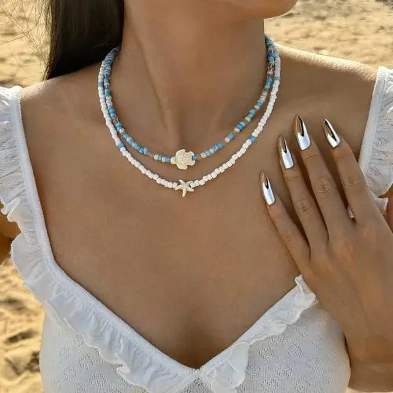 Bohemia Multicolour Bead Shell Pendant Necklace for Women Fashion Summer Adjustable Geometric Jewelry Holiday Beach Gift