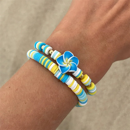2 Pcs/Set Multicolor Polymer Clay Beads Bracelets for Women Bohemian Flower Charm Elastic Chain Set Summer Jewelry Vacation Gift