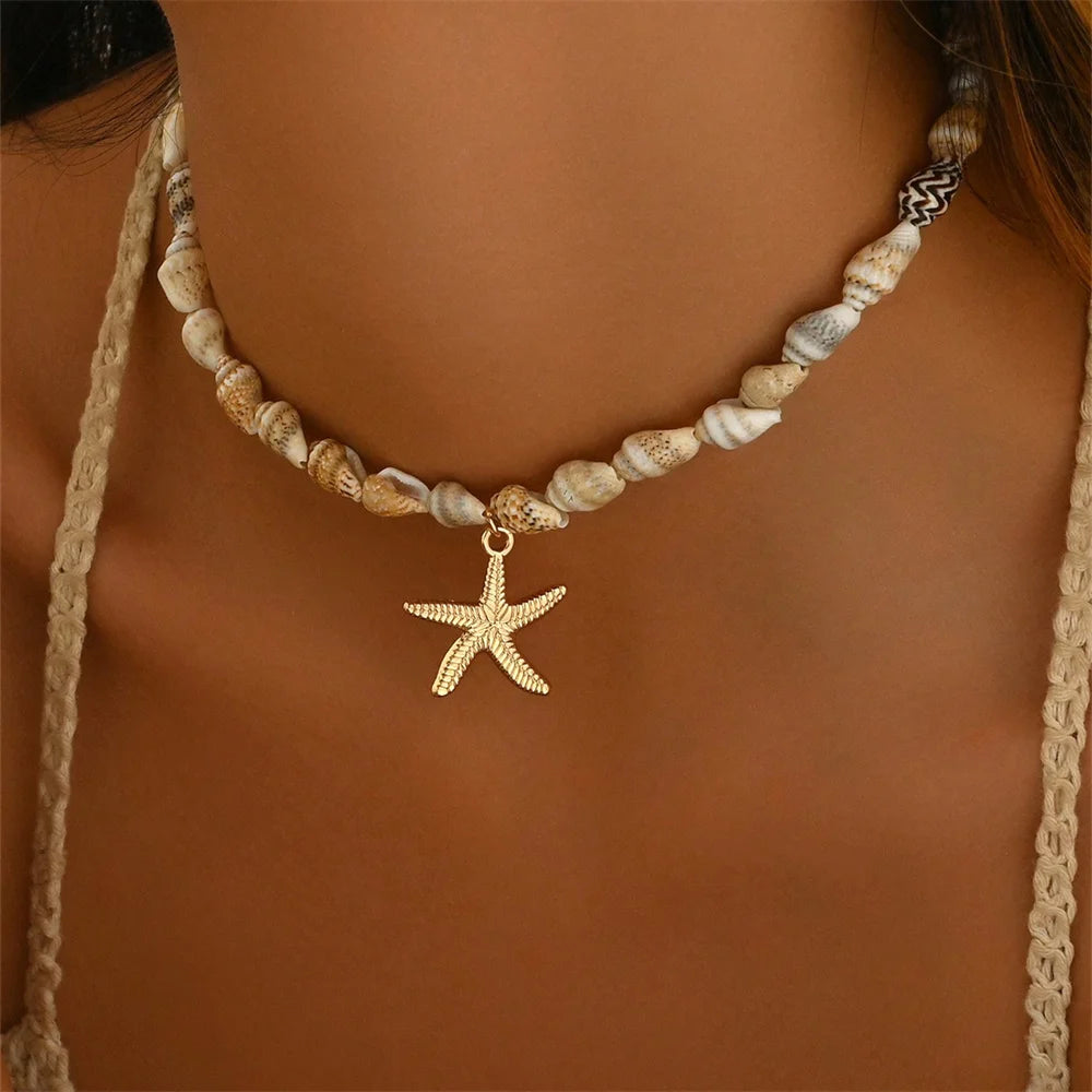 Beach Style Natural Seashell Beaded Necklace with Handmade Tropical Starfish Pendant Fashion Ocean Inspired Jewelry Choker Women