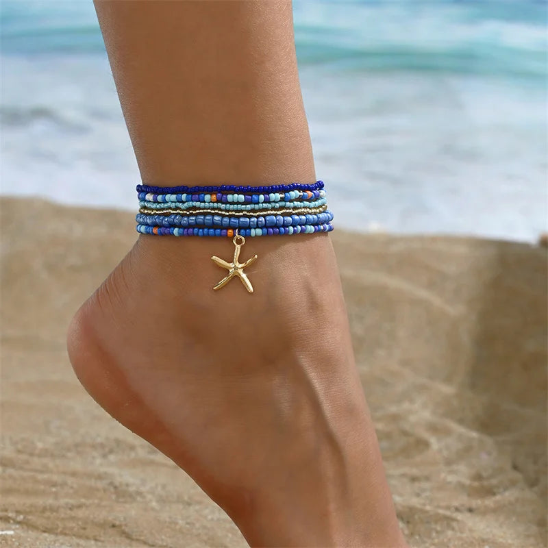 Bohemia Multilayer Rice Bead Anklet Set for Women Fashion Starfish Pendant Anklets Summer Sandy Beach Ankle Chain on Leg Jewelry