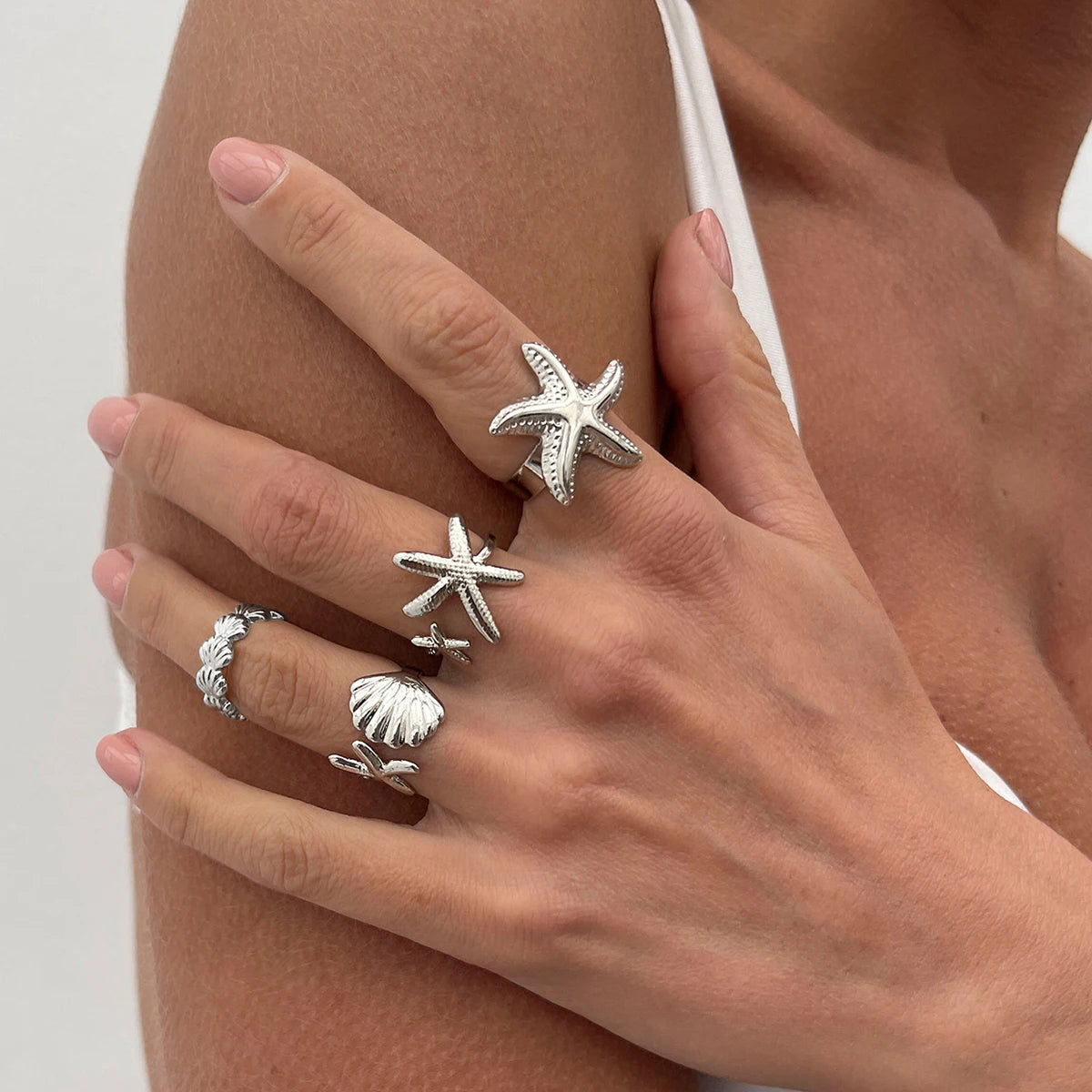 4Pcs/Set Starfish Scallop Adjustable Open Rings for Women Trendy Geometric Gold Color Ring Summer Beach Jewelry Accessory