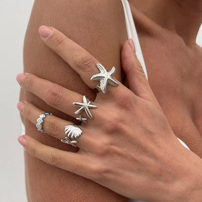 4Pcs/Set Starfish Scallop Adjustable Open Rings for Women Trendy Geometric Gold Color Ring Summer Beach Jewelry Accessory