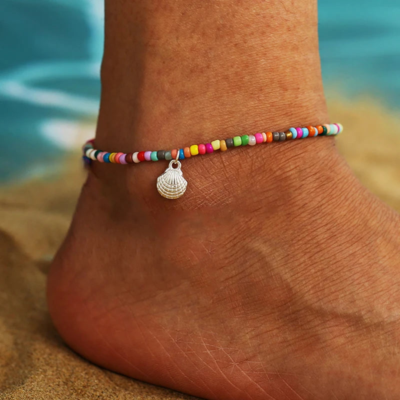 Bohemia Multilayer Rice Bead Anklet Set for Women Fashion Starfish Pendant Anklets Summer Sandy Beach Ankle Chain on Leg Jewelry
