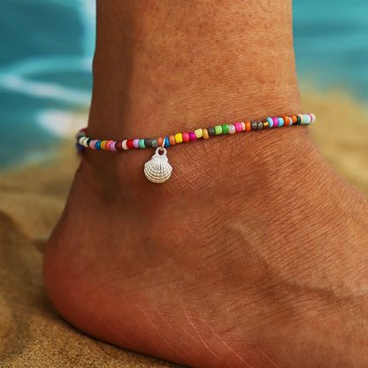 Bohemia Multilayer Rice Bead Anklet Set for Women Fashion Starfish Pendant Anklets Summer Sandy Beach Ankle Chain on Leg Jewelry