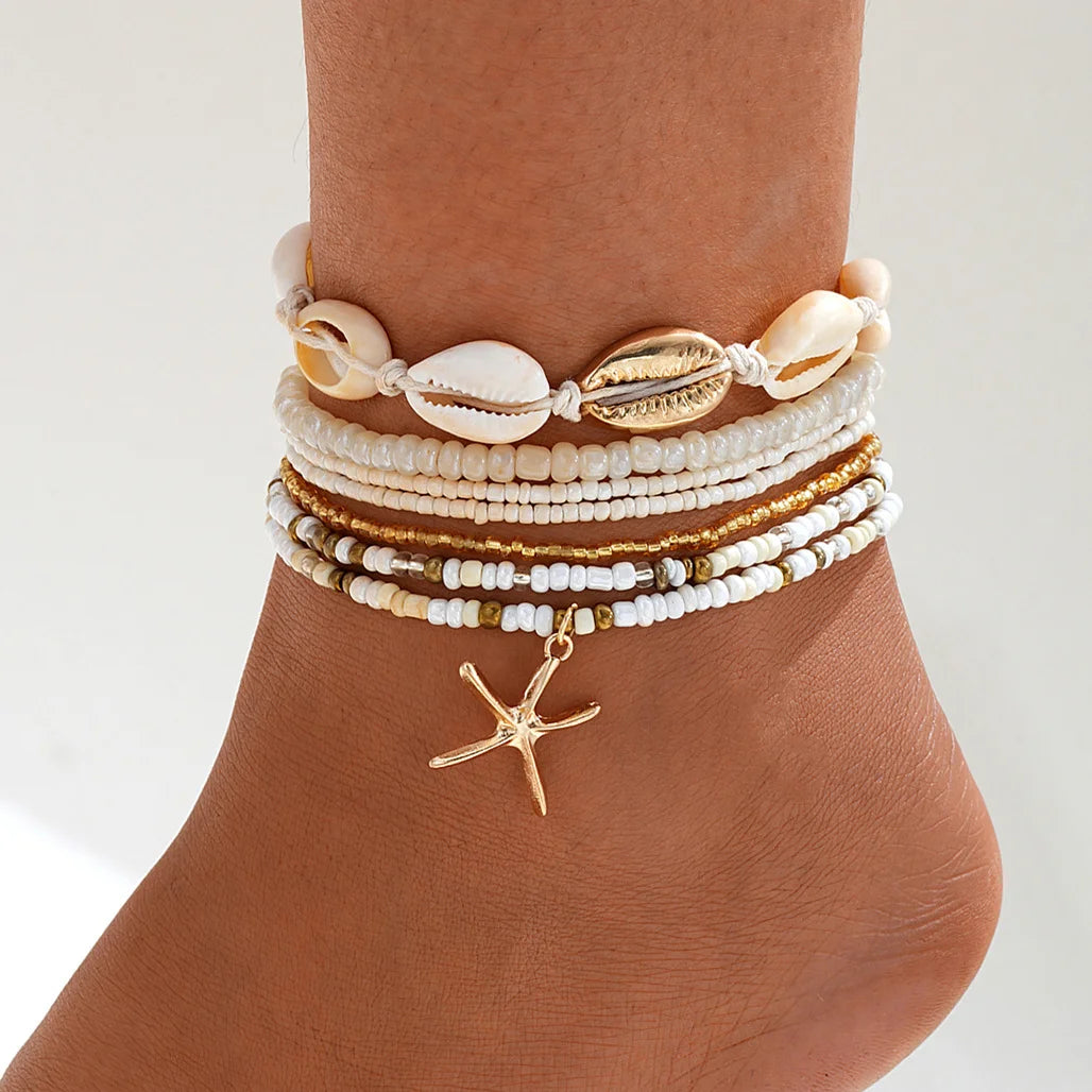 7Pc/Set Bohemian Rice Beads Starfish Pendant Anklet Set Fashion Summer Beach Sea Shell Multilayer Ankle Bracelet on Foot Jewelry