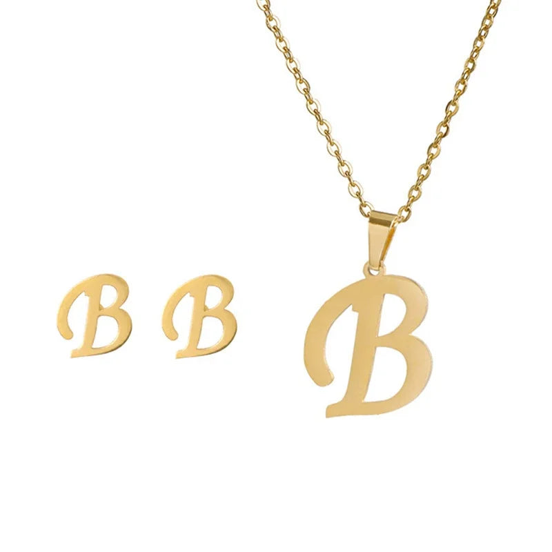 Fashion Stainless Steel A-Z Alphabet Initial Necklace 26 English Letter Earrings Necklace for Women Set Personalize Jewelry Gift
