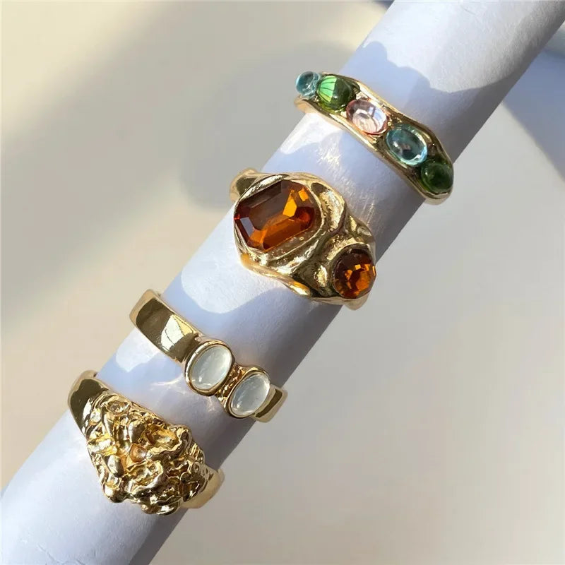 2024 New Tide Individuality Retro Geometric Hollowing Inlay Gem Rings Setliquid State Metal Four-Piece Rings Set Paty Jewelry