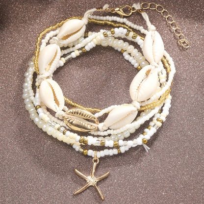 7Pc/Set Bohemian Rice Beads Starfish Pendant Anklet Set Fashion Summer Beach Sea Shell Multilayer Ankle Bracelet on Foot Jewelry